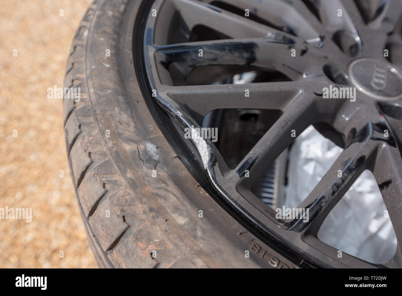 Car crash wreckage, road traffic collision (RTC) Car damage after crash. Damage details. Audi