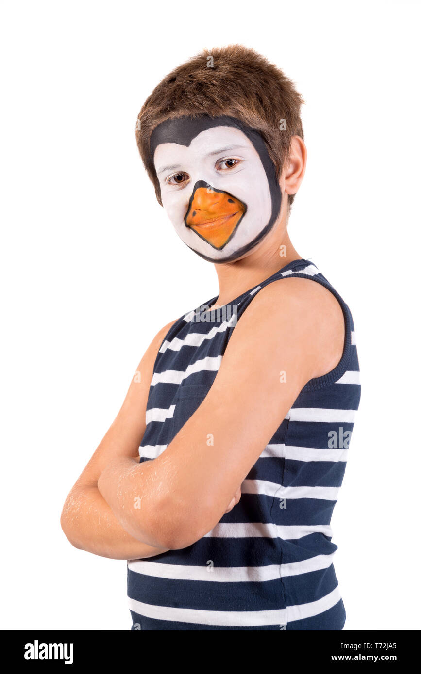 Boy with animal face-paint isolated in white Stock Photo - Alamy