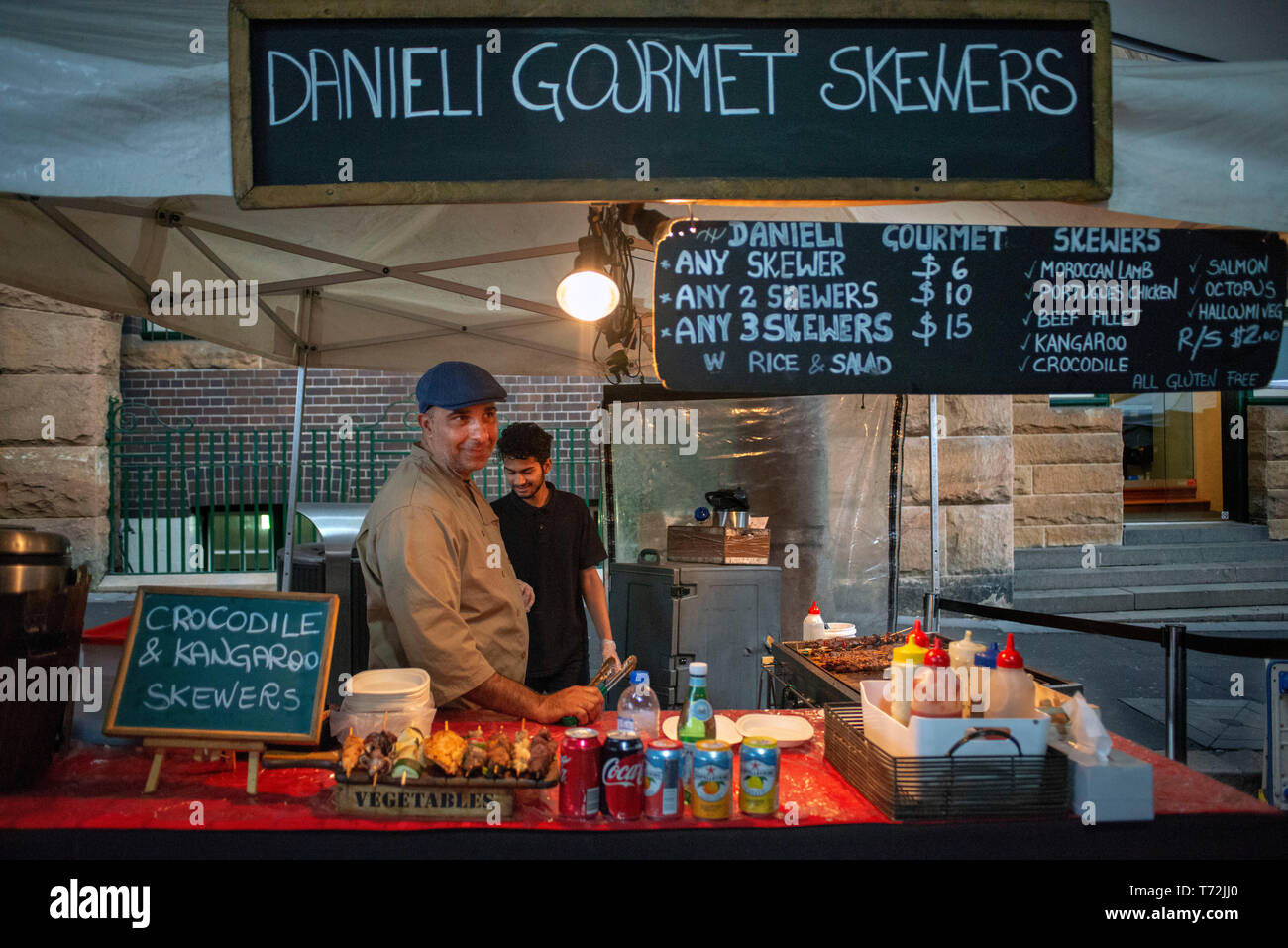 Danieli Gourmet Skewers food stall at The Rocks Saturday markets in Sydney city centre New South Wales Australia Stock Photo