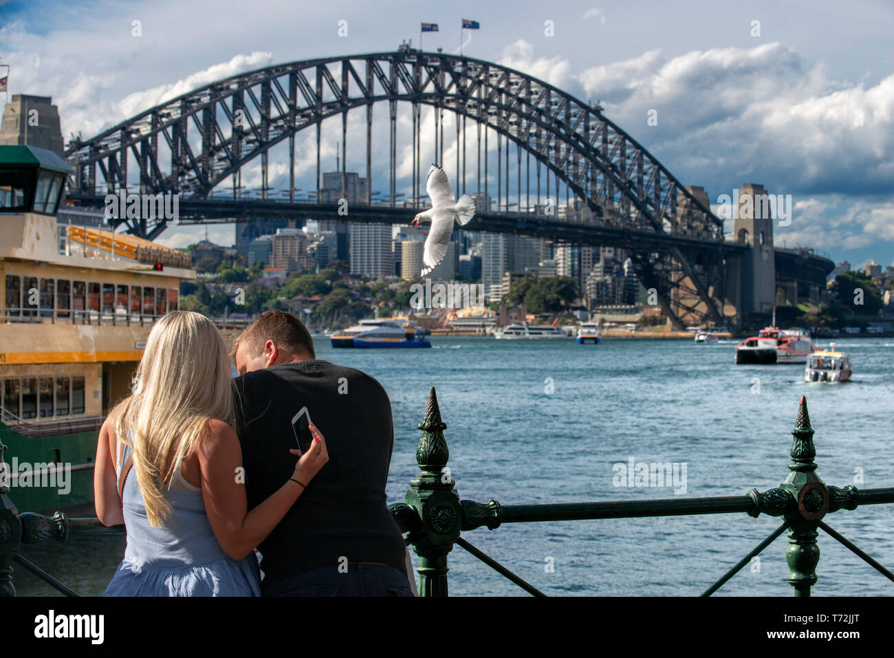 Romantic views from the Circular Quay of Harbour Bridge in Sydney, Australia Stock Photo