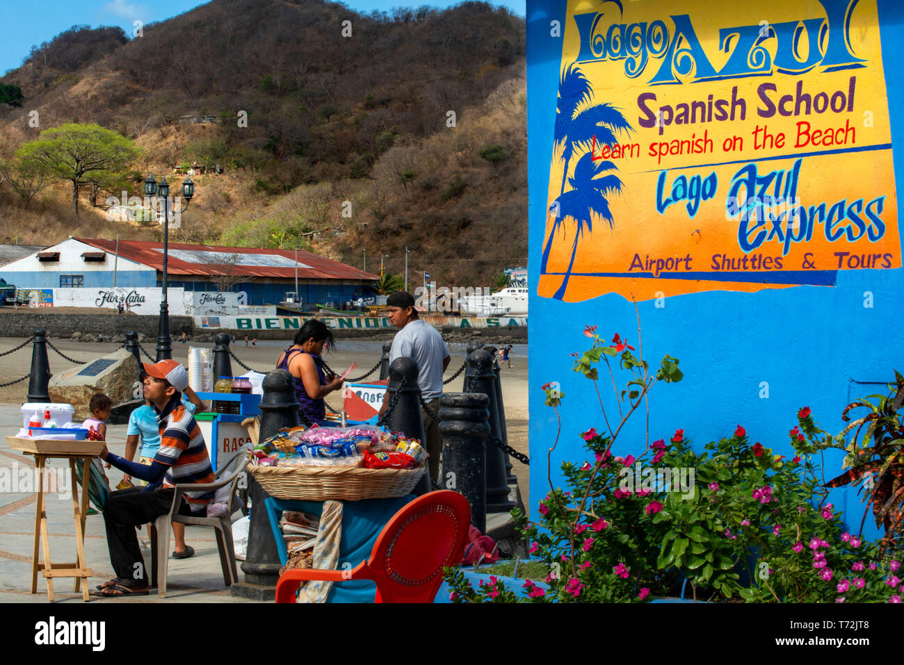 Food stall and spanish lessons in San Juan del Sur coastal beaches near the central town San Juan del Sur Nicaragua Central America Stock Photo
