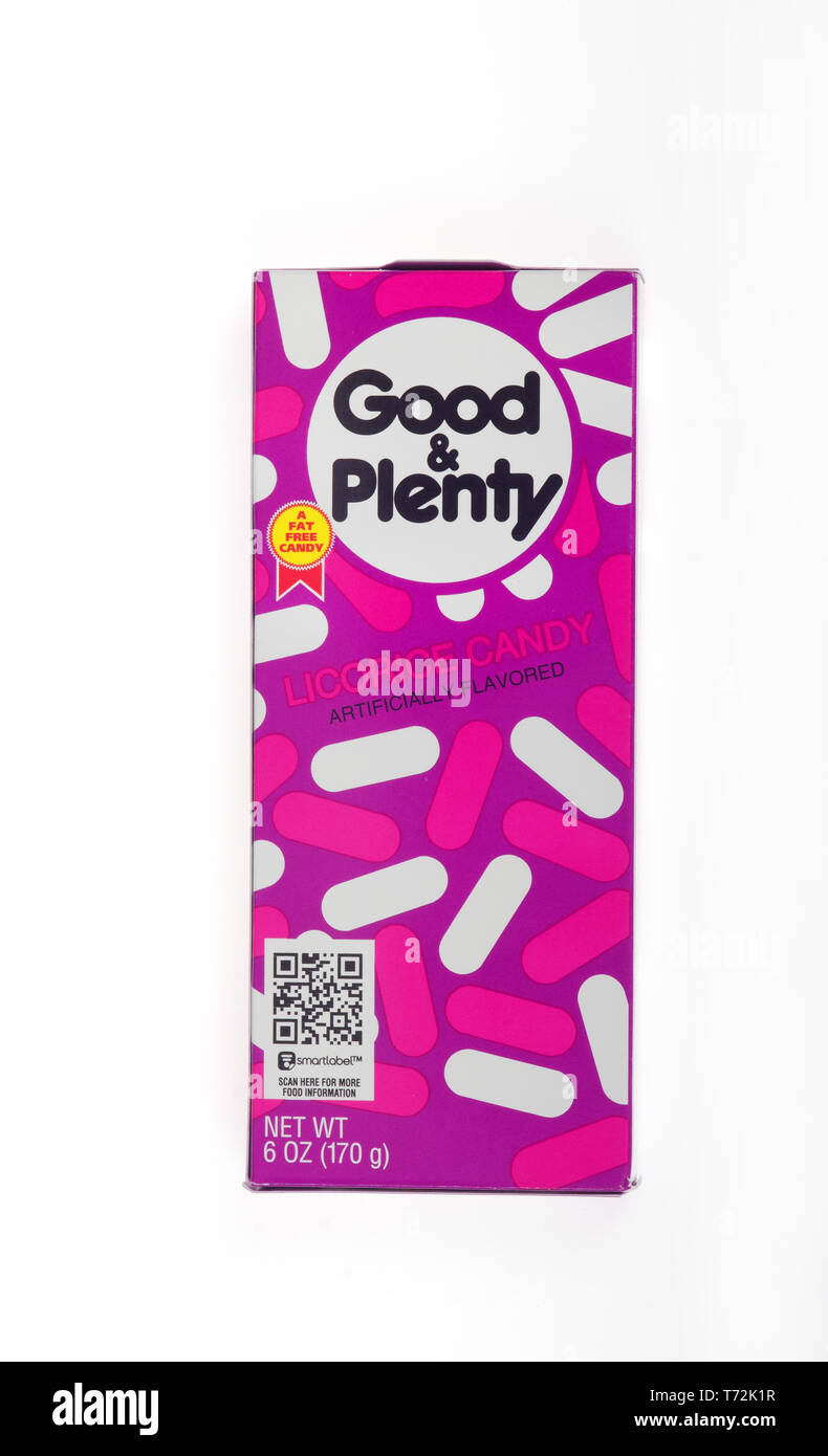 Box of Good & Plenty licorice candy isolated on white background Stock