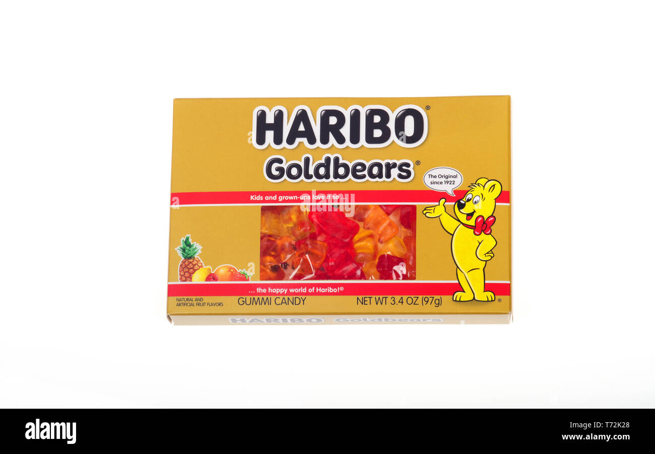 Haribo Gummi Goldbears Candy box on white background Stock Photo
