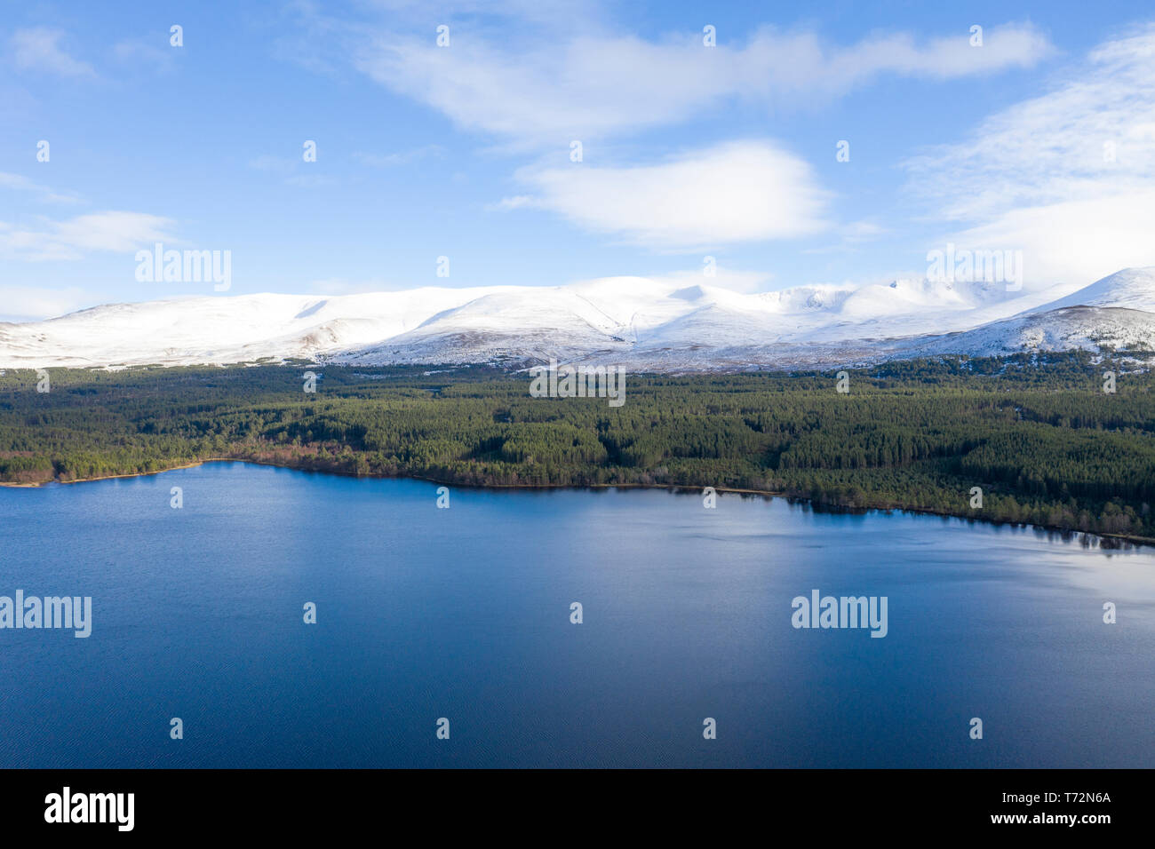 Aerial drone view of Loch Morlich Cairngorm National Park Stock Photo