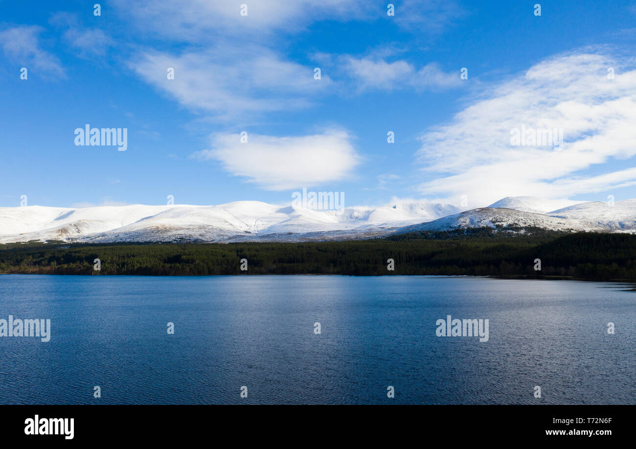 Aerial drone view of Loch Morlich Cairngorm National Park Stock Photo