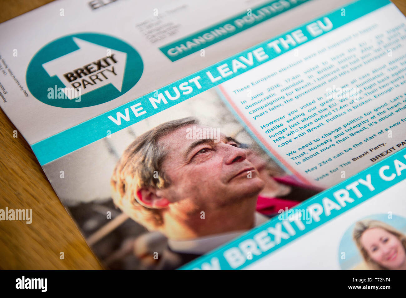 Brexit Party election campaign communication  leaflet with a picture of Nigel Farage with the words we must leave the EU Stock Photo