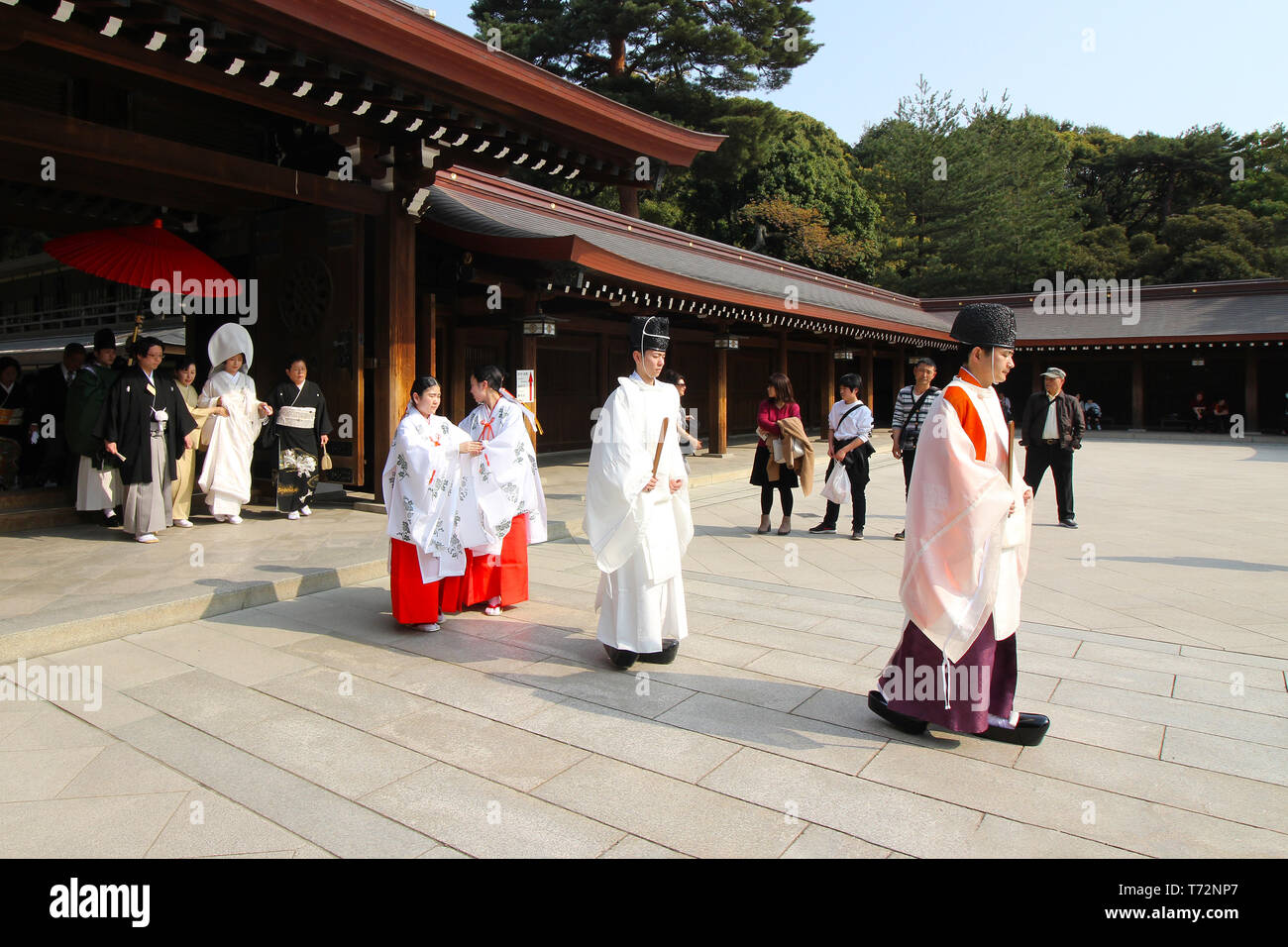 Tokyo, Japan - April 7, 2019: Procession ceremony of traditional Japanese wedding at Meiji, Shrine or Meiji Jingu, in Tokyo, Japan Stock Photo