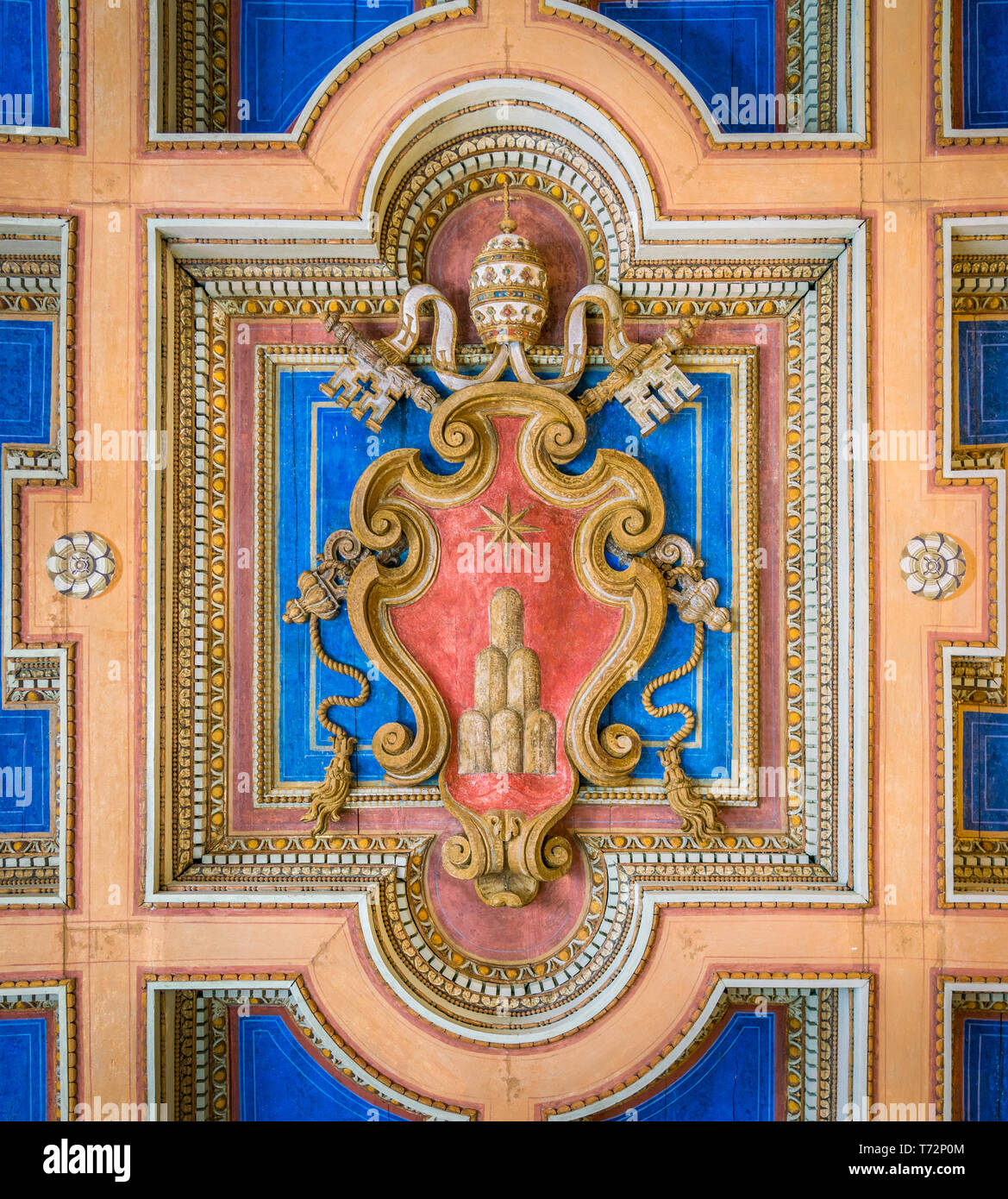Papal coat of arms in the ceiling of the Capitoline Museums in Rome, Italy. Stock Photo