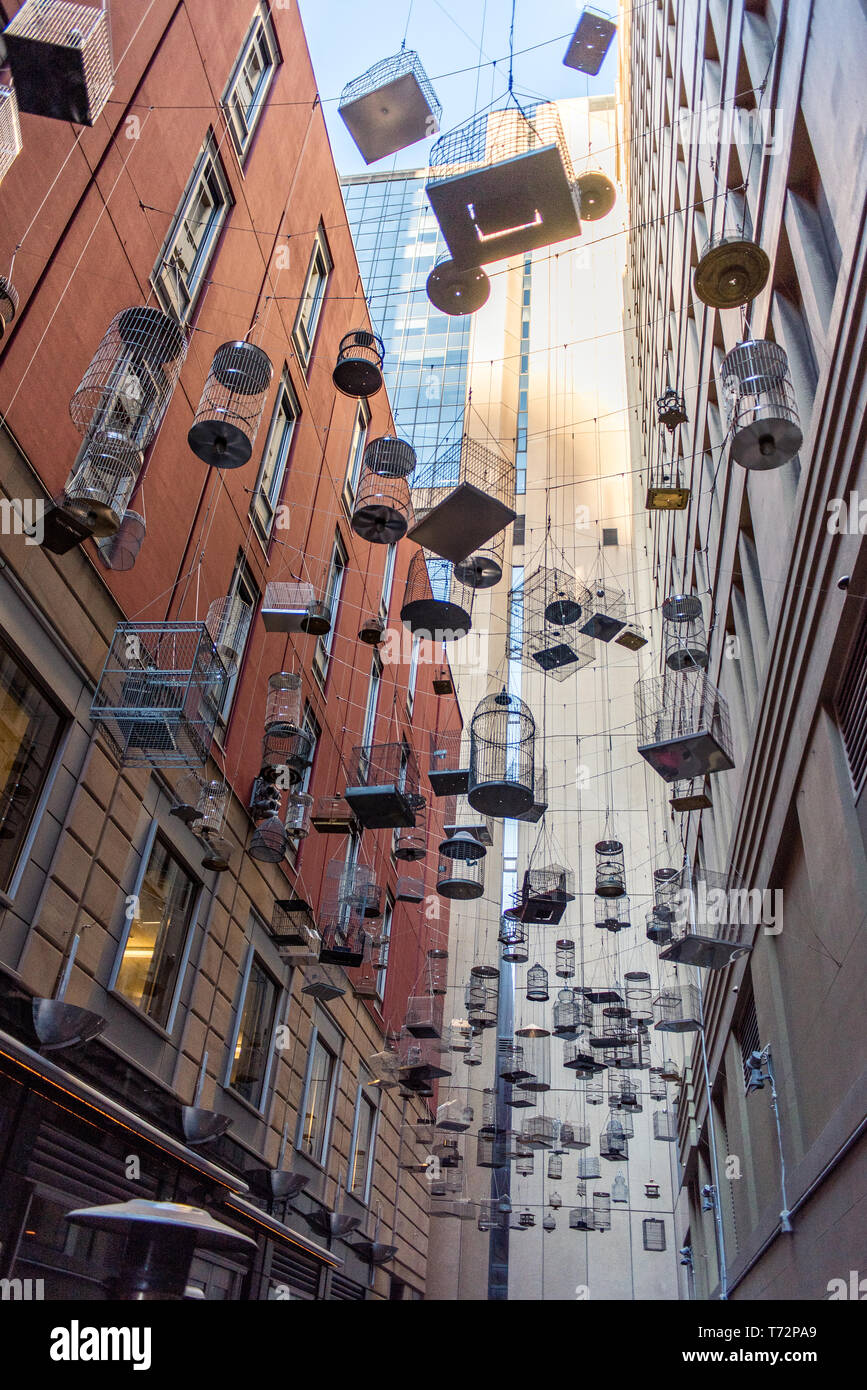 Sydney, New South Wales / Australia - May 13 2016: Vertical shot of 'Forgotten Songs' art installation of empty bird cages Stock Photo