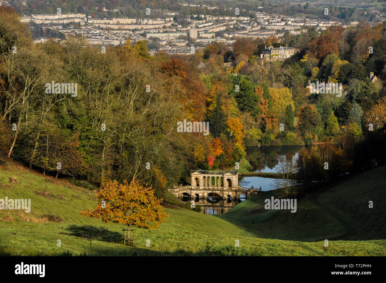 Autumn view from Prior Park over the Palladian bridge towards Bath Stock Photo