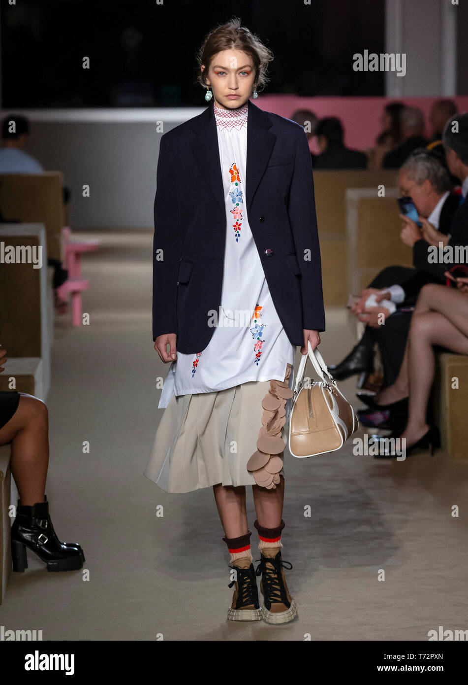 New York NY May 02 2019 Gigi Hadid walks the runway during the Prada Resort 2020 Collection Stock Photo Alamy