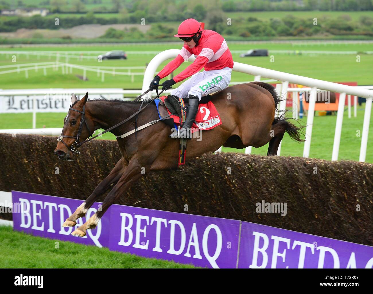 Real Steel and Paul Townend jump the last to win the EMS Copiers Novice Handicap Steeplechase during day four of the Punchestown Festival at Punchestown Racecourse, County Kildare, Ireland. Stock Photo