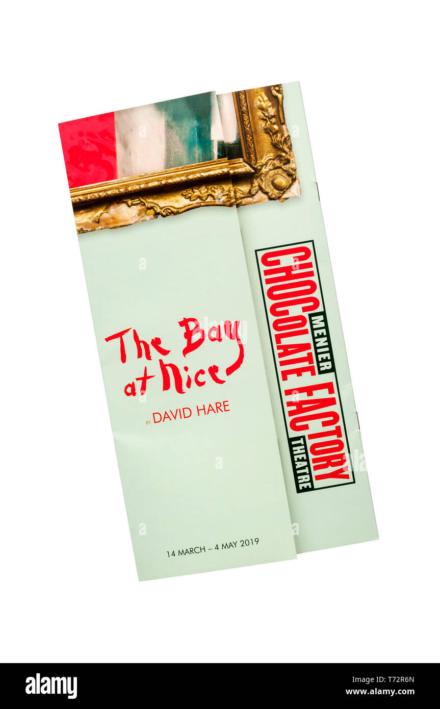 Theatre programme for the 2019 revival of The Bay at Nice by David Hare at the Menier Chocolate Factory Theatre. Stock Photo