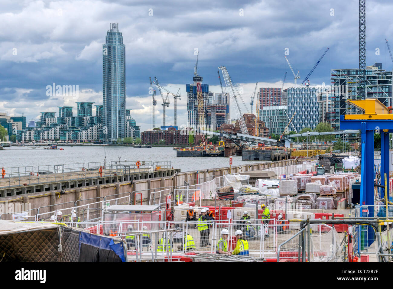 Building works on the Battersea Power Station development beside the River Thames, with St George Wharf & Vauxhall Tower in background. Stock Photo