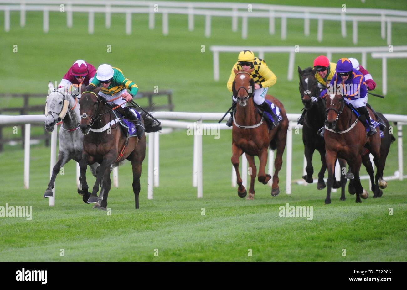 Buveur D'Air and Davy Russell (second left) win the Grade 1 Betdaq Champion Hurdle during day four of the Punchestown Festival at Punchestown Racecourse, County Kildare, Ireland. Stock Photo