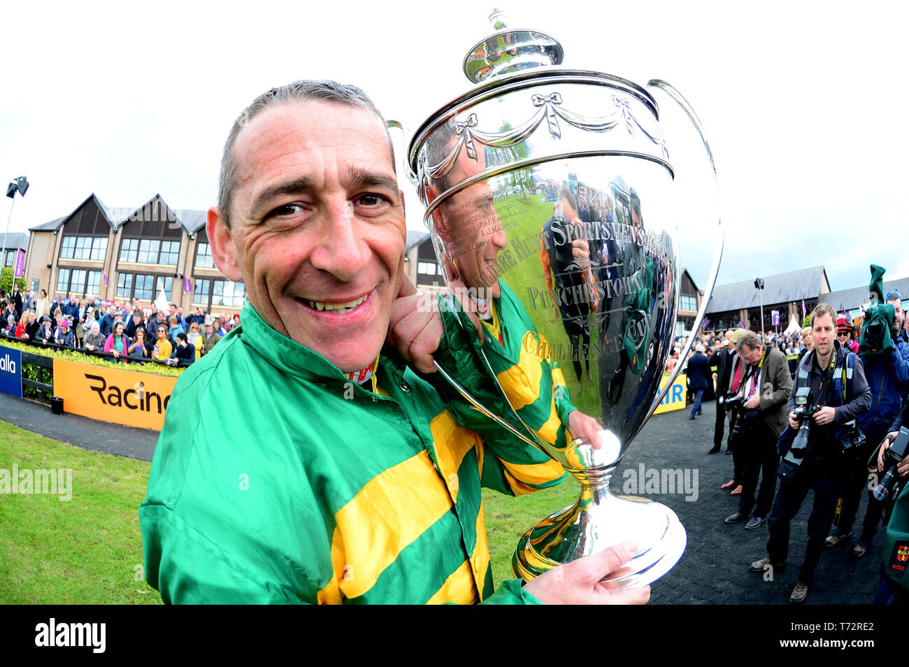Davy Russell with the trophy after winning the BETDAQ Punchestown Champion Hurdle onbaord Buveur D'Air during day four of the Punchestown Festival at Punchestown Racecourse, County Kildare, Ireland. Stock Photo
