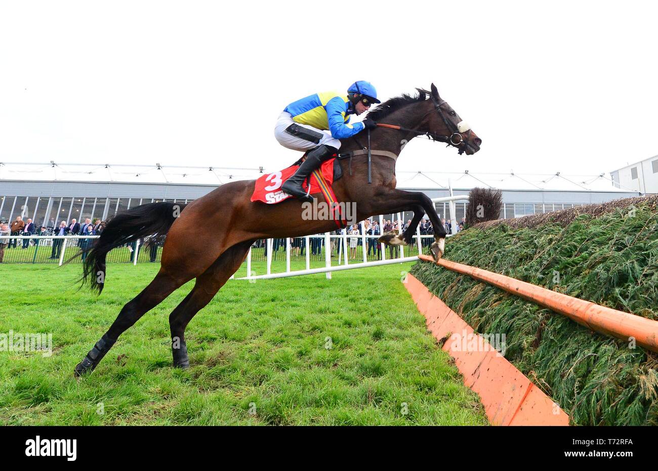Caid Du Berlais and Will Biddick jump the last to win the Champion Hunters Steeplechase during day four of the Punchestown Festival at Punchestown Racecourse, County Kildare, Ireland. Stock Photo