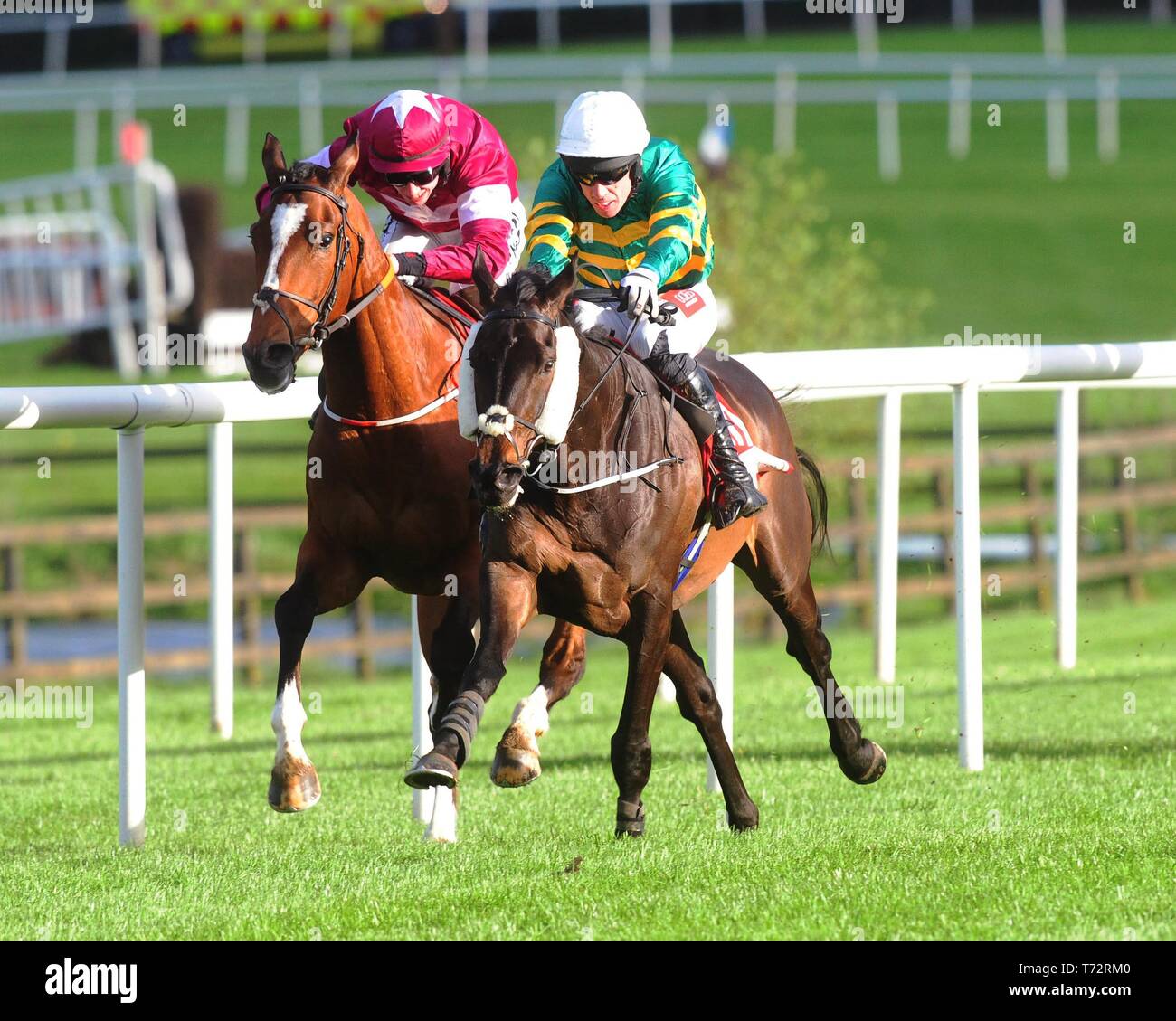 Gardens Of Babylon and Derek O'Connor (right) win the Salessense International Novice Hurdle during day four of the Punchestown Festival at Punchestown Racecourse, County Kildare, Ireland. Stock Photo