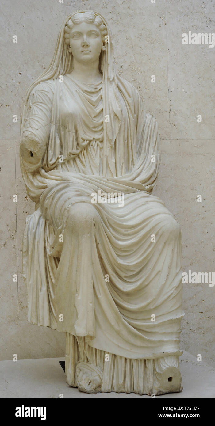Livia Drusilla (58 BC-29 AD). Empress of the Roman Empire. Wife of Emperor Augustus. Julio-Claudian dynasty. Statue of Livia Drusilla with veil, as priestess of the cult of Augustus Divine. 14-19 AD. Marble. From Paestum, Italy. National Archaeological Museum. Madrid. Spain. Stock Photo