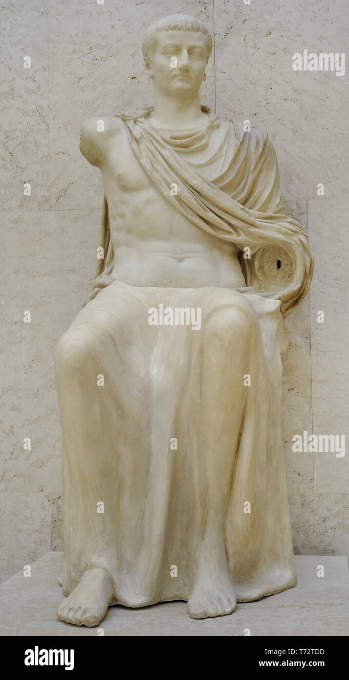 Tiberius (42 BC-37 AD). Roman emperor. Julio-Claudian dynasty. Roman statue. 14-19 AD. Marble. From Paestum (Italy). National Archaeological Museum. Madrid. Spain. Stock Photo