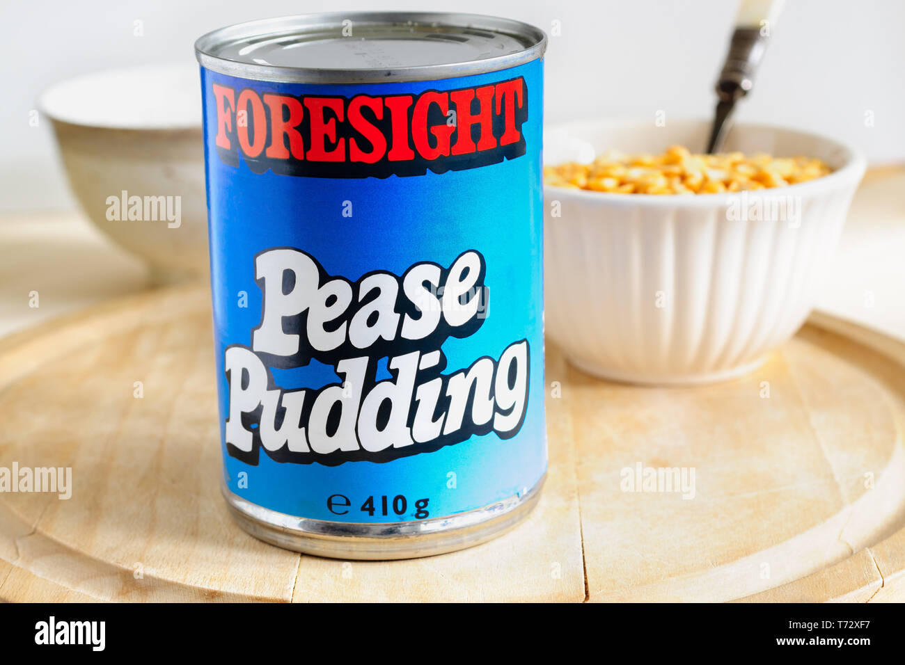 Foresight brand Pease Pudding a traditional English savoury dish made of yellow split peas boiled in a stock with spices Stock Photo
