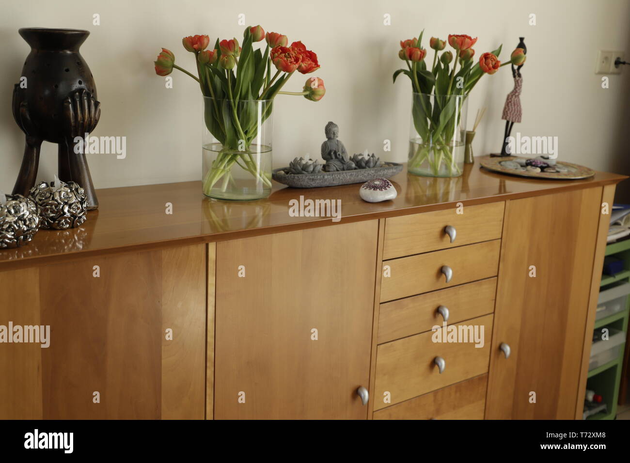 Two glass vases with peony tulips on a cupboard Stock Photo