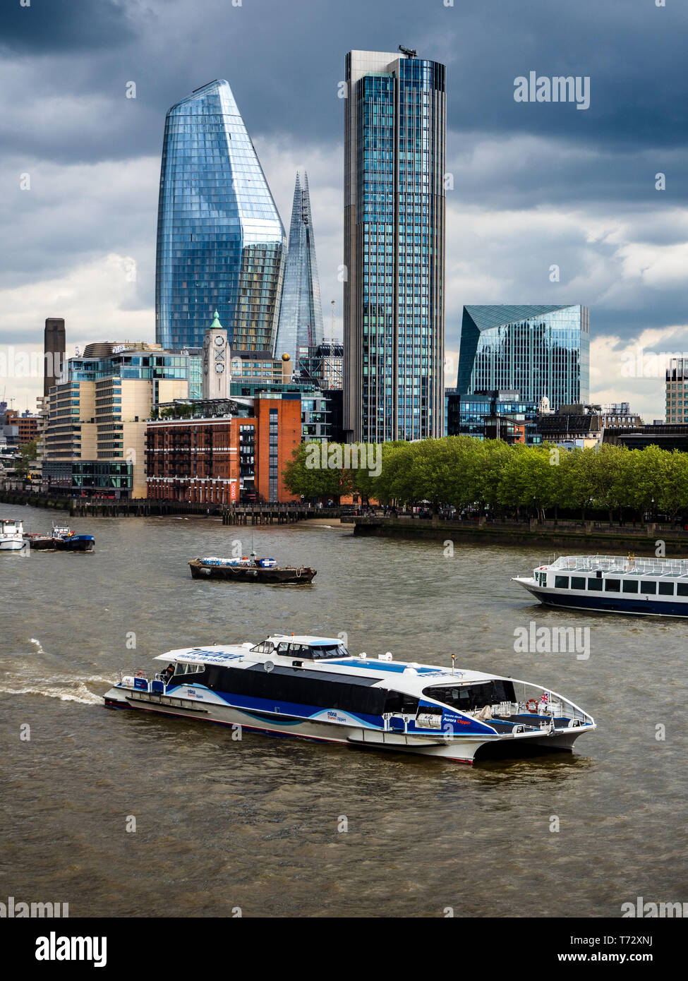 London Southbank Skyline - South Bank skyline including the Oxo Tower, the South Bank Tower, One Blackfriars and the Shard Stock Photo