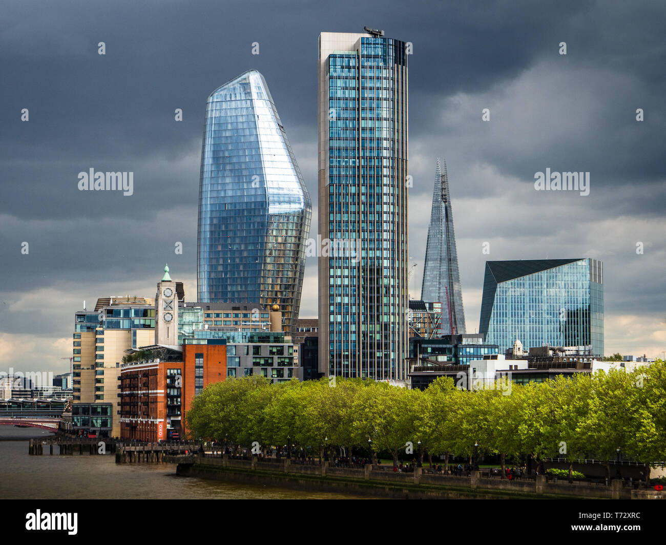 London Southbank Skyline - South Bank skyline including the Oxo Tower, the South Bank Tower, One Blackfriars and the Shard Stock Photo