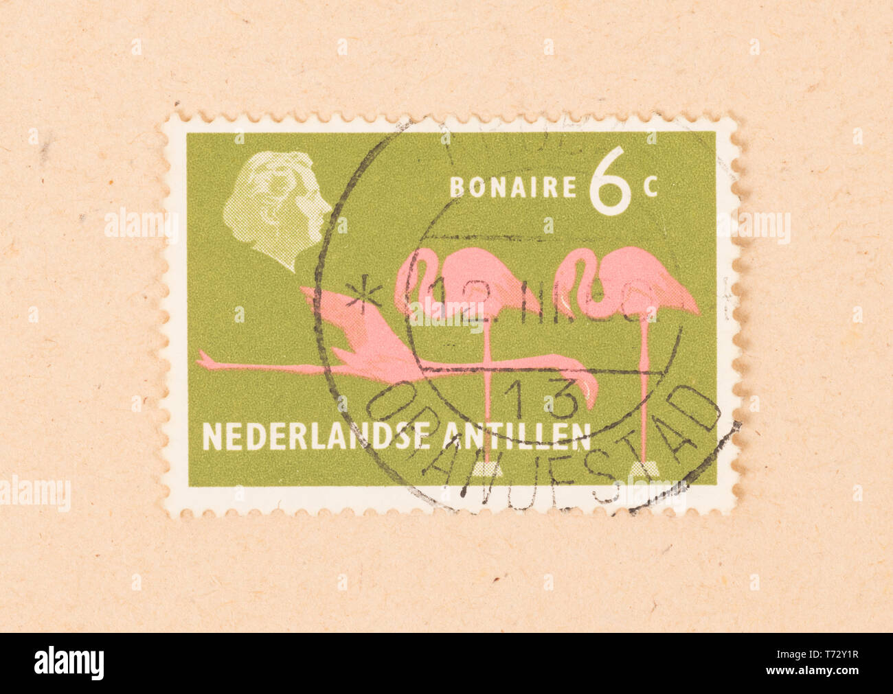 BONAIRE - CIRCA 1966: A stamp printed in Bonaire shows a flamingo, circa 1966 Stock Photo