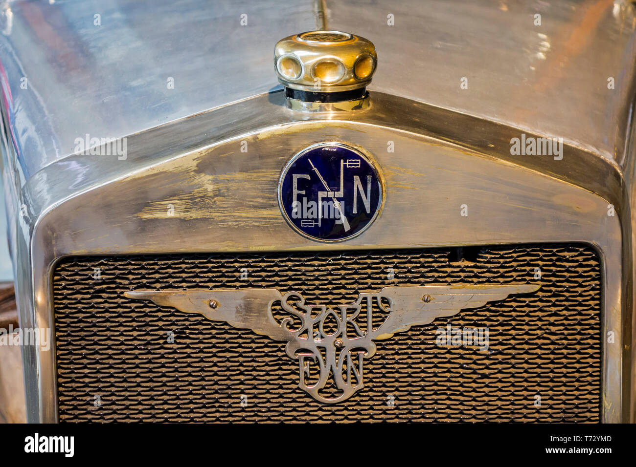 1930 FN 1400 S close-up of radiator grill badge of Belgian classic car / oldtimer at Autoworld, vintage automobile museum in Brussels, Belgium Stock Photo