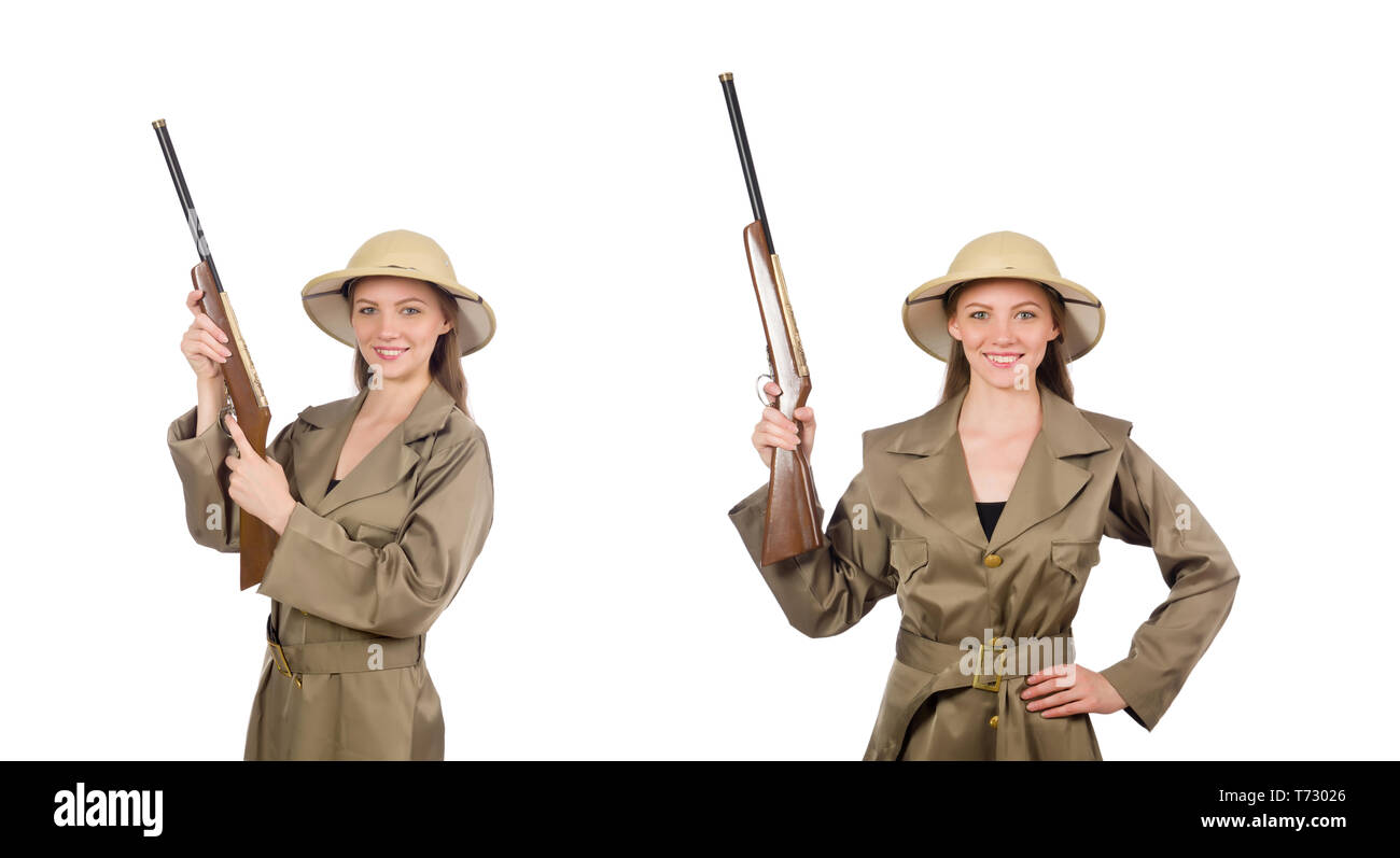 Woman wearing safari hat on white Stock Photo Alamy