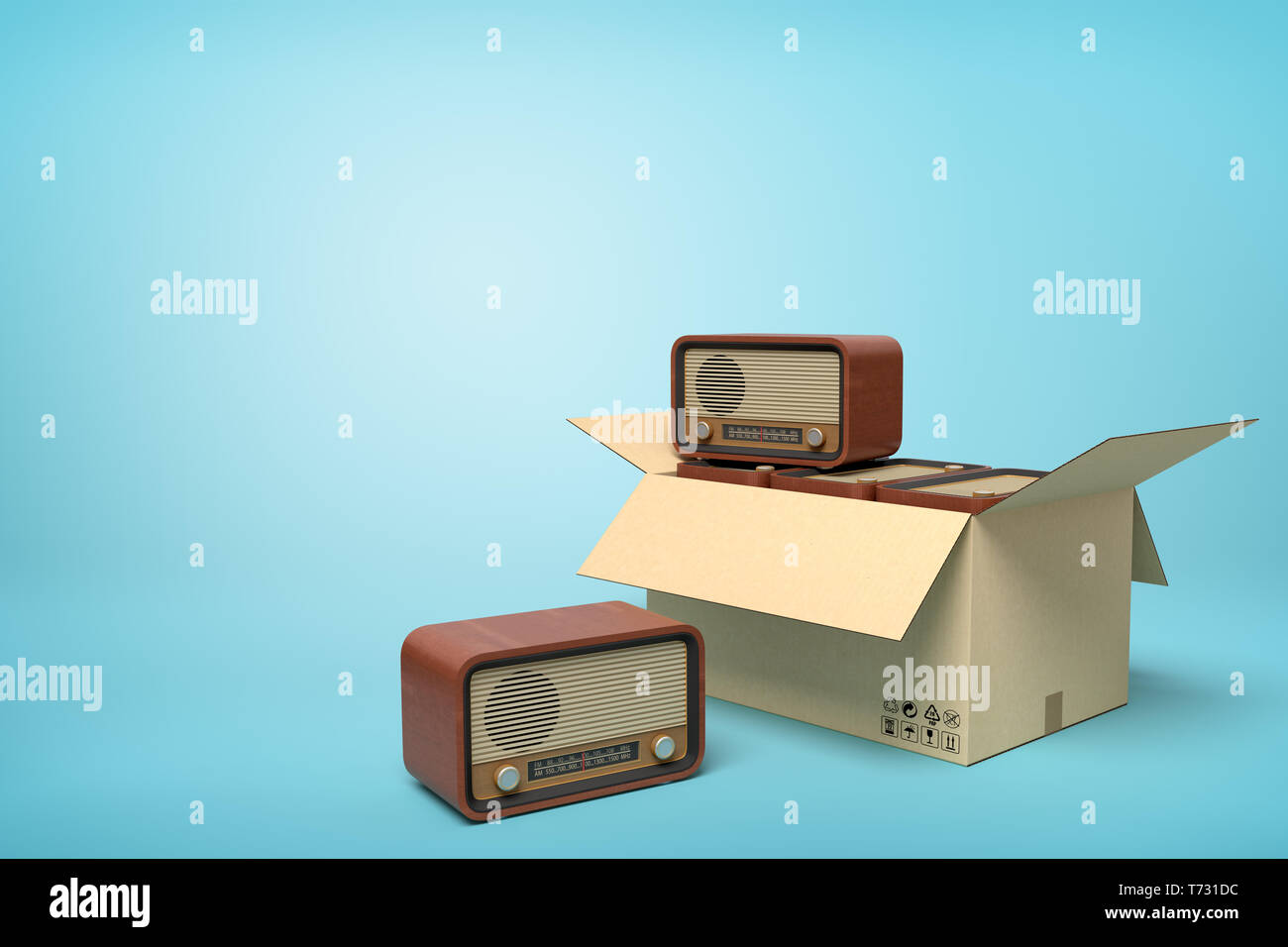 3d rendering of old-fashioned radios in carton box on blue background. Stock Photo