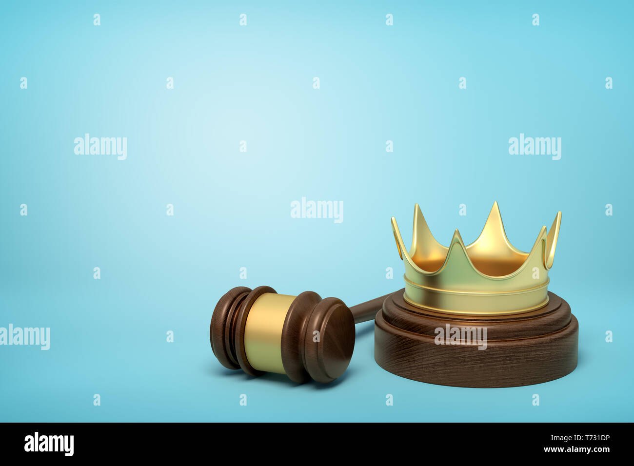 3d rendering of golden crown on round wooden block and brown wooden gavel on blue background Stock Photo