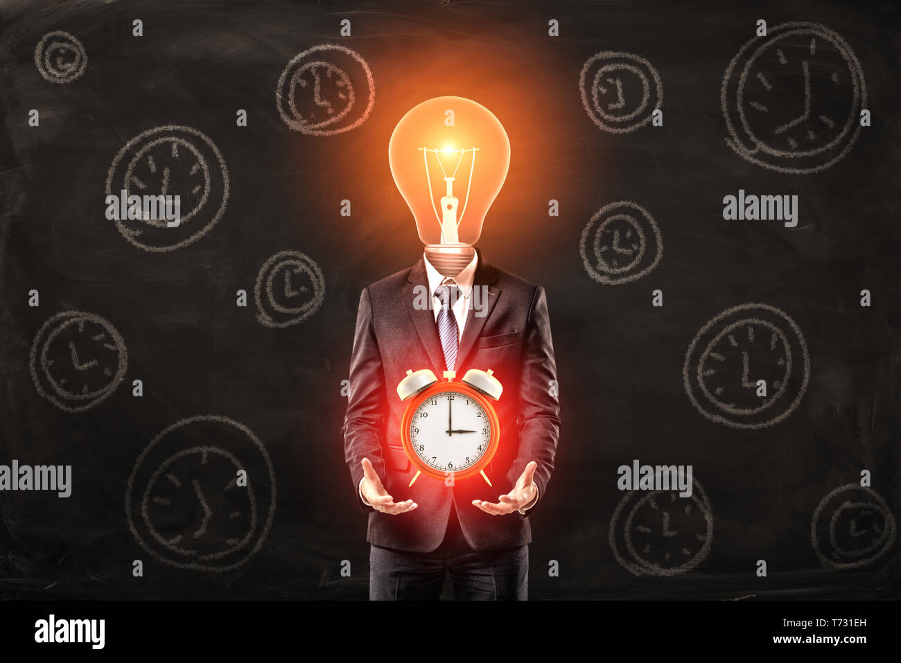 Man in suit with lightbulb instead head, levitating big red alarm clock
