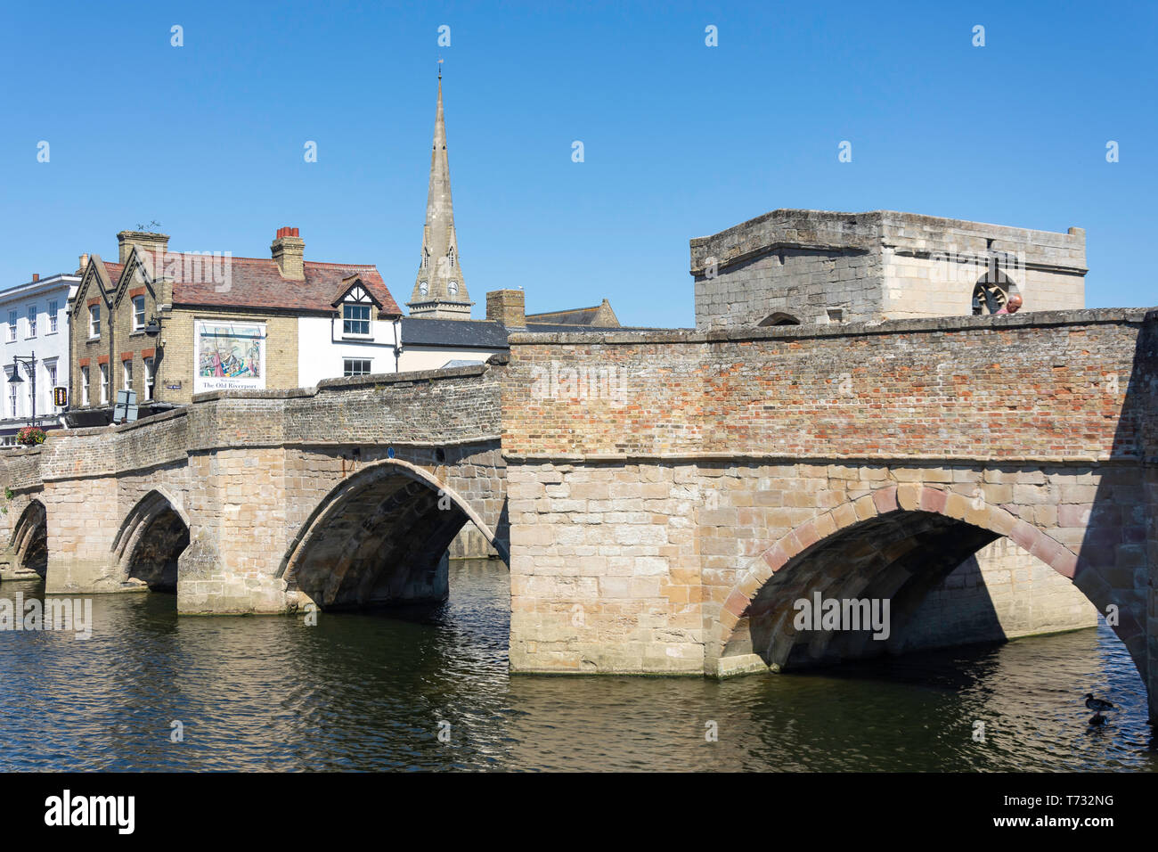 Medieval stone bridge across River Great Ouse, The Quay, St Ives, Cambridgeshire, England, United Kingdom Stock Photo