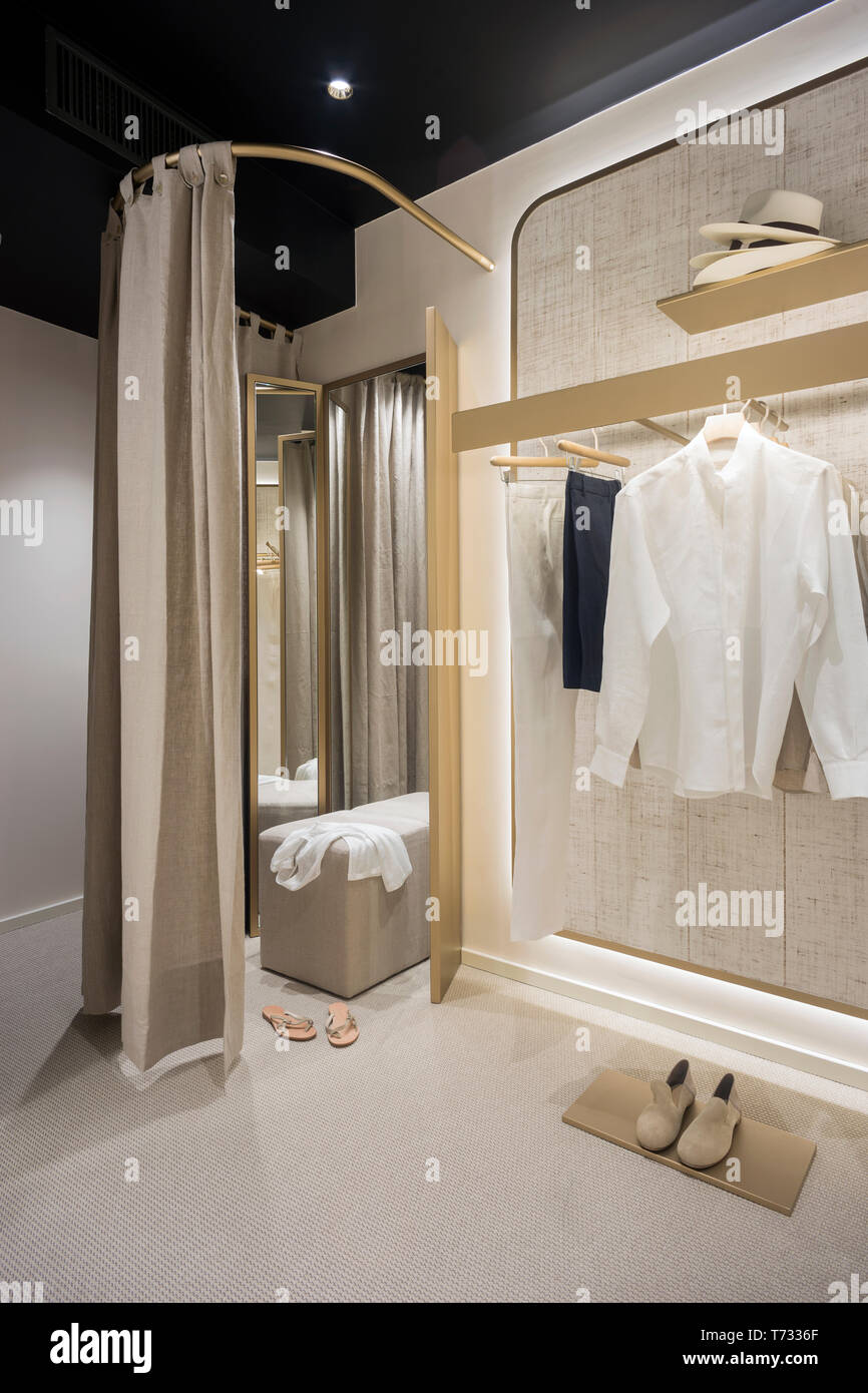 Interior of a fashion retail shop, dressing room, in Milano, Italy Stock Photo