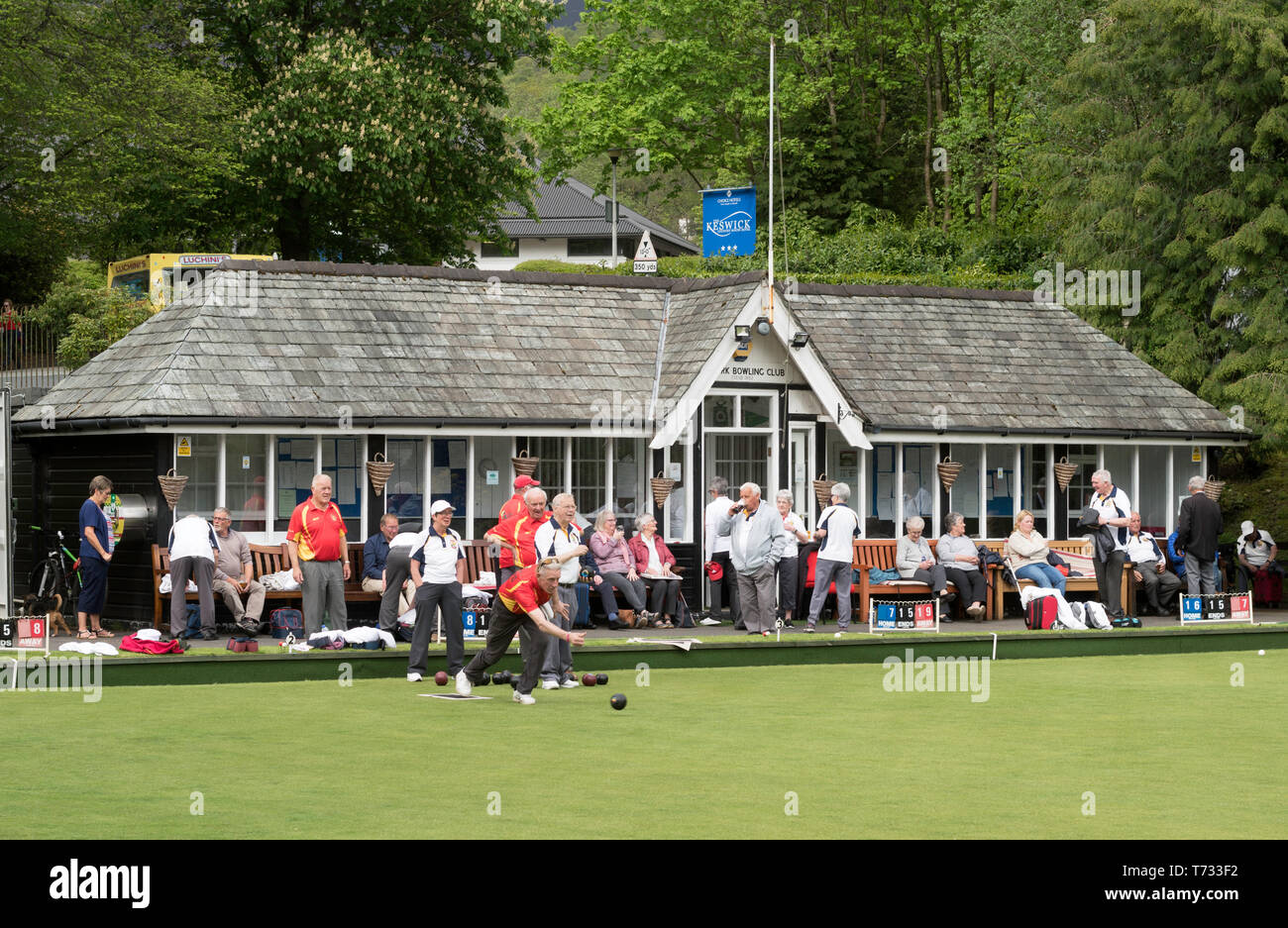 People playing bowls, Fitz Park Bowling Club in Keswick, Cumbria, England, UK Stock Photo