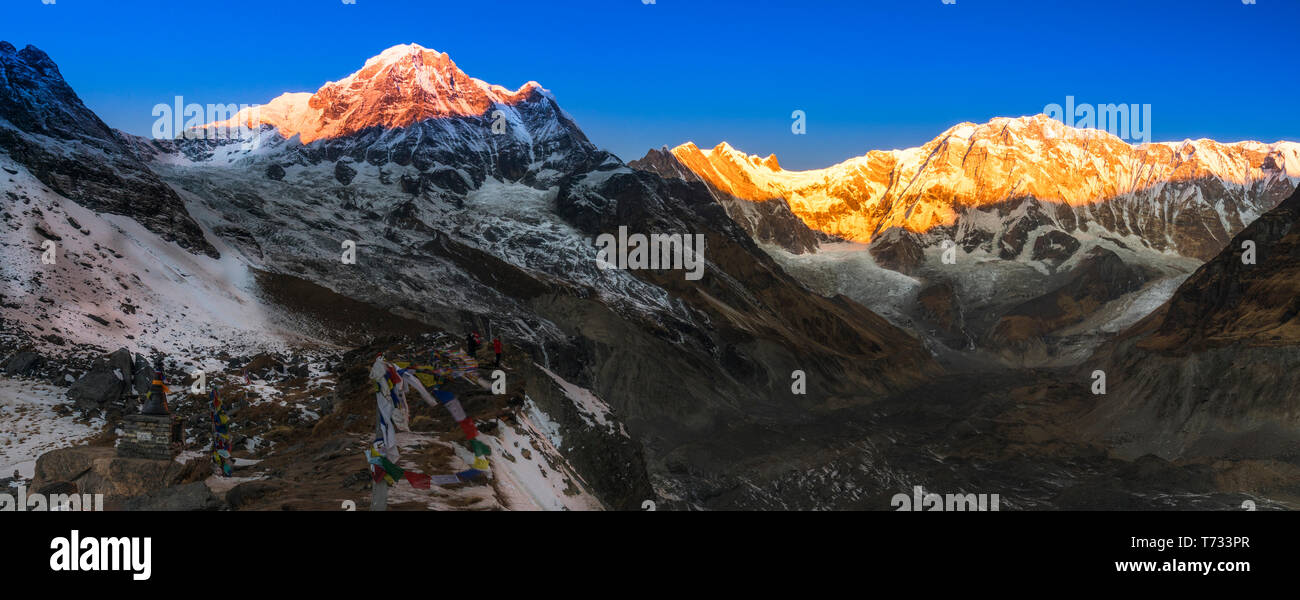 Sunrise panoramic view of Mount Annapurna from Base camp. annapurna Nepal Stock Photo