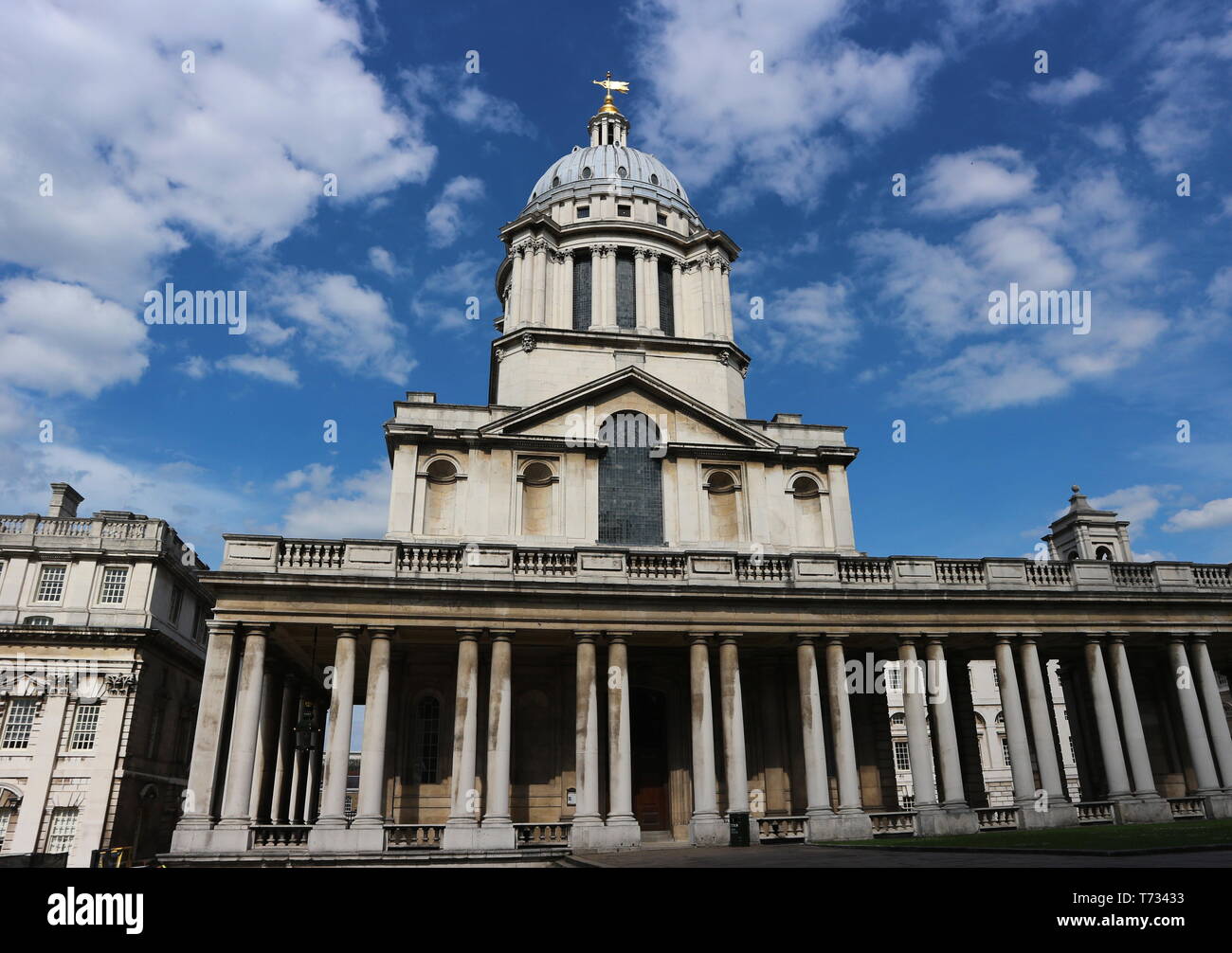 Greenwich University shot from a low-angle shot towards the blue sky. Stock Photo