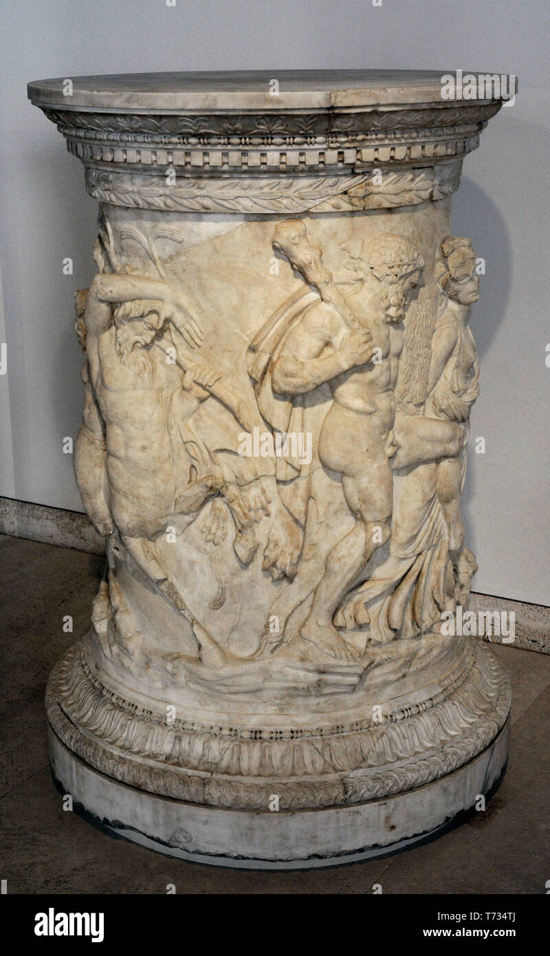 Altar stone dedicated to Bacchus. Reliefs depicting Bacchus with Hercules, Silenus and the centaur Chiron in a ceremony. 1st century AD. Marble. From Rome (Italy). National Archaeological Museum. Madrid. Spain. Stock Photo