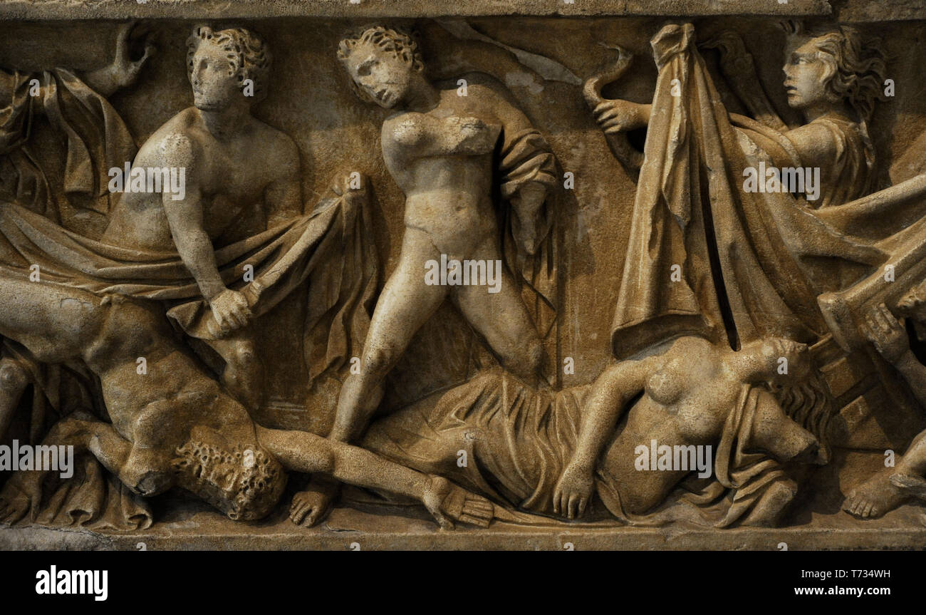 Sarcophagus of the Oresteia. Detail. Middle 2nd century AD. Reliefs depicting the revenge of Orestes: the death of Clytemnestra and the traitor Aegisthus, the arrival of the hero at Delphi and his appearance before the Athenian court at the Areopagus, where he will be acquitted. Marble. From Husillos (Palencia province, Castile and Leon, Spain). National Archaeological Museum. Madrid. Spain. Stock Photo