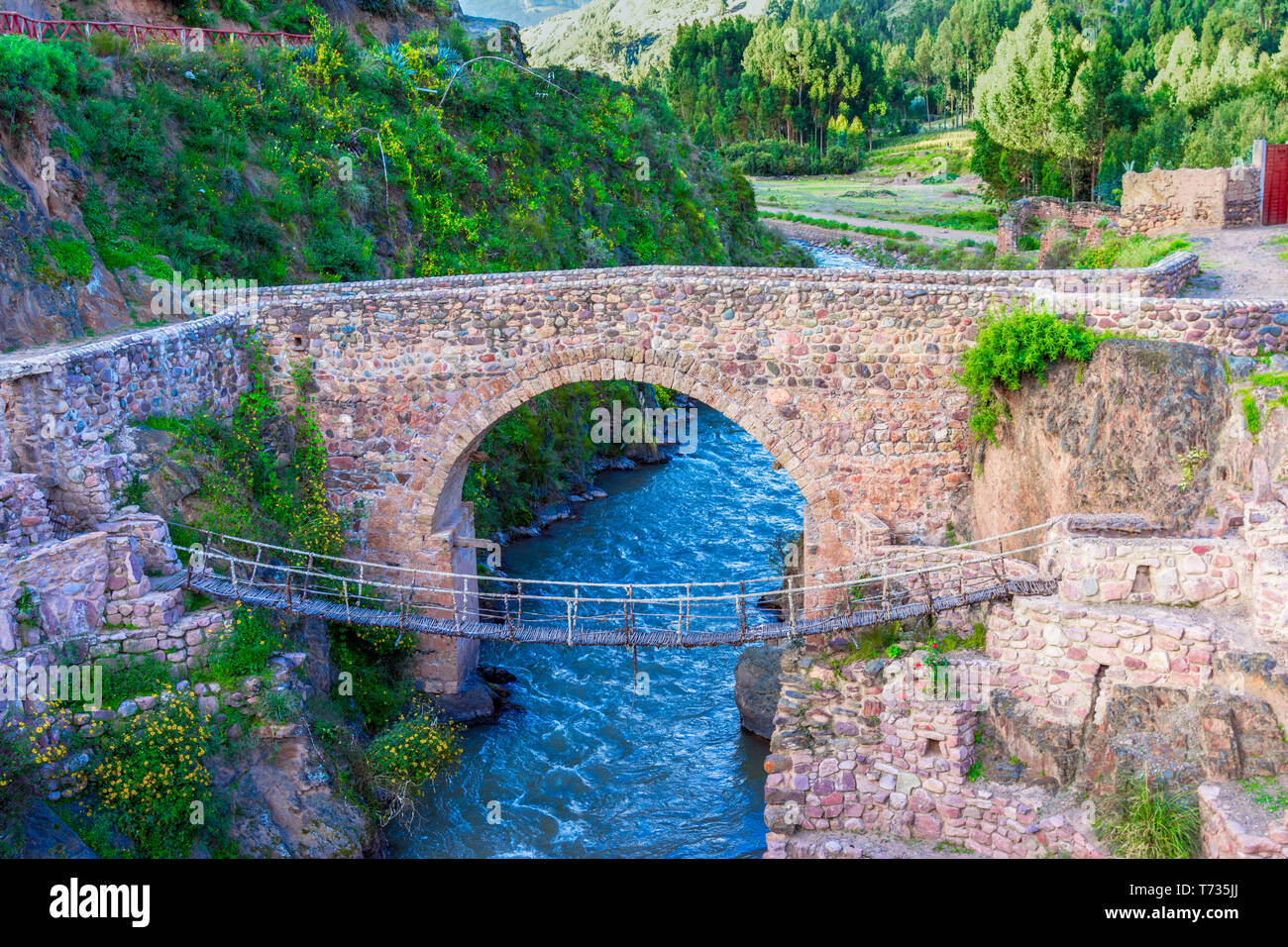 Checacupe, Cusco, Peru: The Colonial Bridge of Checacupe one of the most incredible attractions of this place, and the Inca Bridge built of straw - Qu Stock Photo