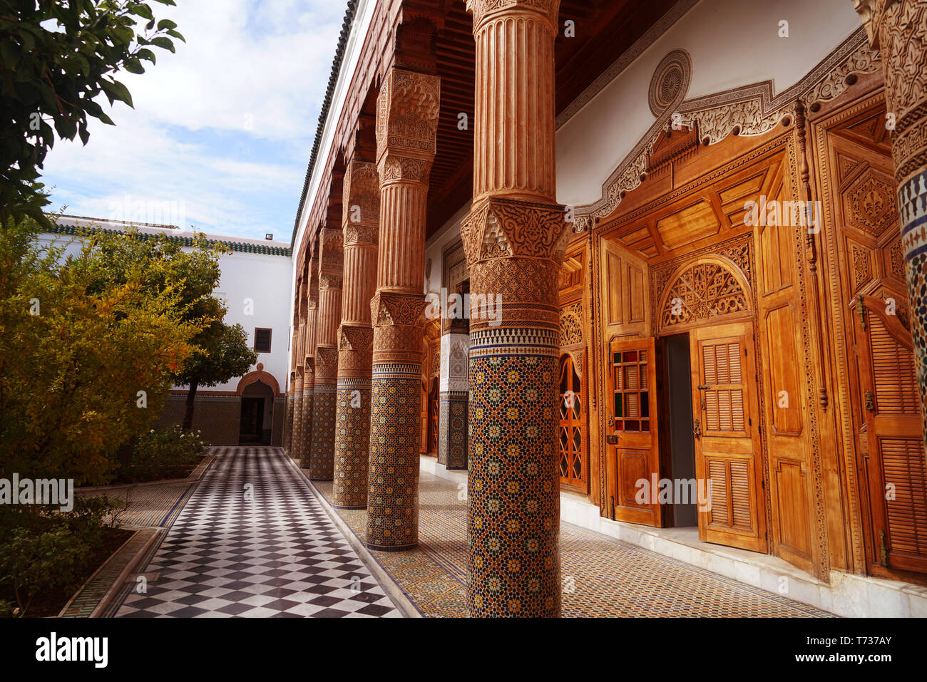 Filled with orange trees and a fountain, the decorated pillars and walls, face the inner courtyard of the Museum of Cultural Confluences, located in a Stock Photo