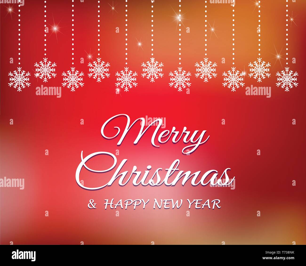 Abstract festive design with hanging snowflakes, sparkles. White Merry Christmas and happy new year text on red gradient background. Stock Vector