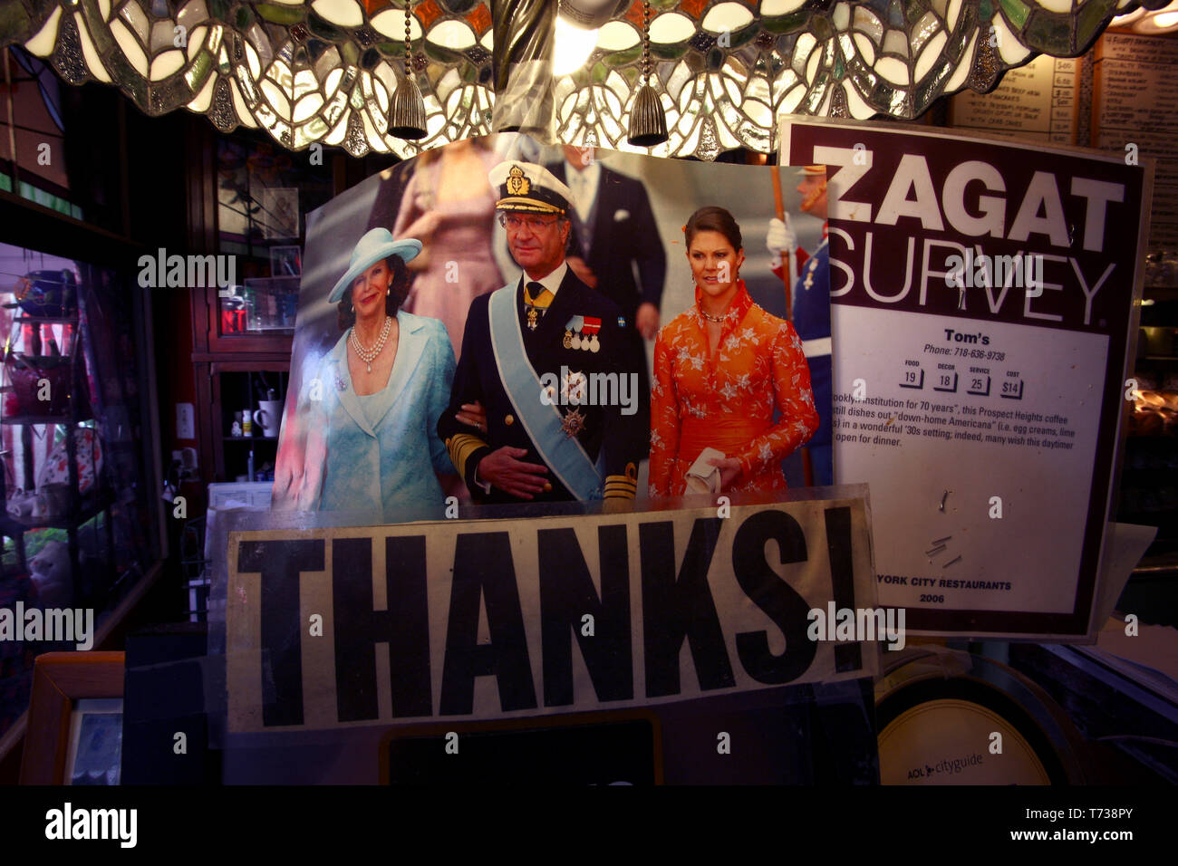 Toms Restaurant in Prospect Heights. A thank you note with a picture of Queen Silvia, King Carl Gustav and Crown Princess Victoria of Sweden at the counter commemorating when members of the Swedish Royal family apparently visited the diner. Stock Photo