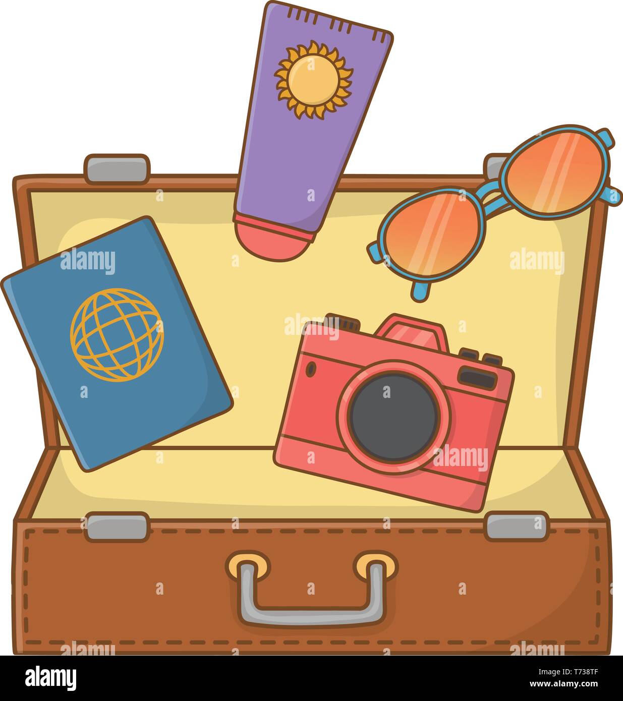 Tourist trip summer travel open suitcase with red camera passport ...