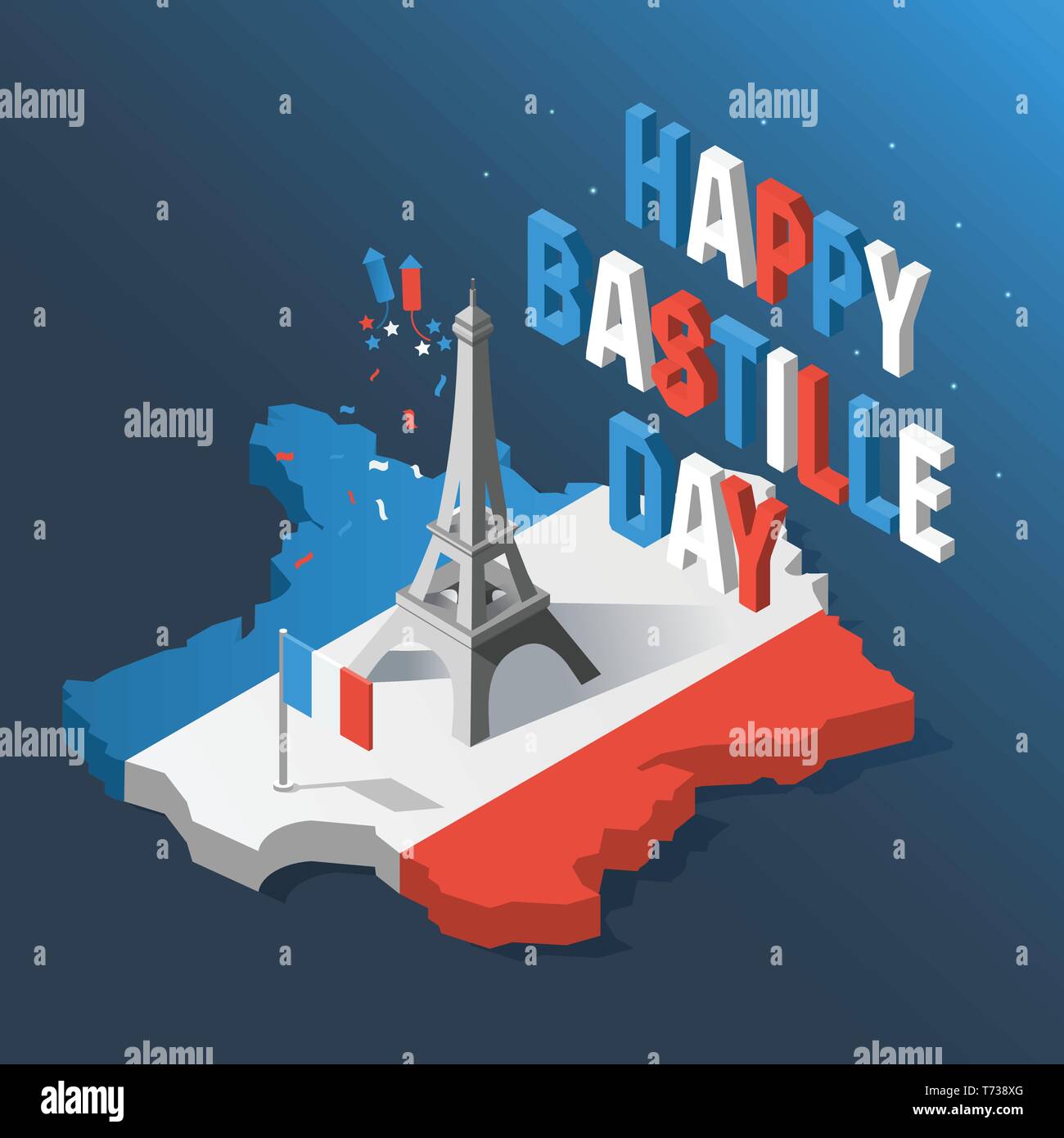 Bastille Day, Independence Day of France, symbols. French flag and map