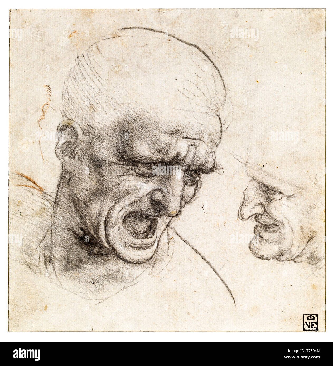 Study of Two Warriors' Heads for the Battle of Anghiari, drawing, Leonardo da Vinci, c. 1504