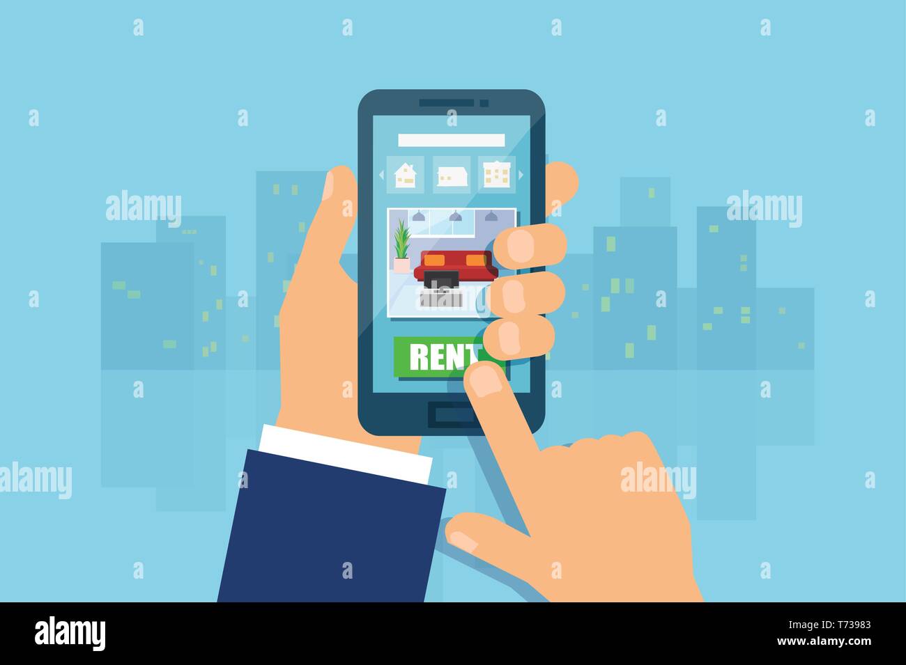 Apartment house rent using modern mobile technology. Vector of a man hand holding smartphone, touching screen making an apartment choice using smartph Stock Vector