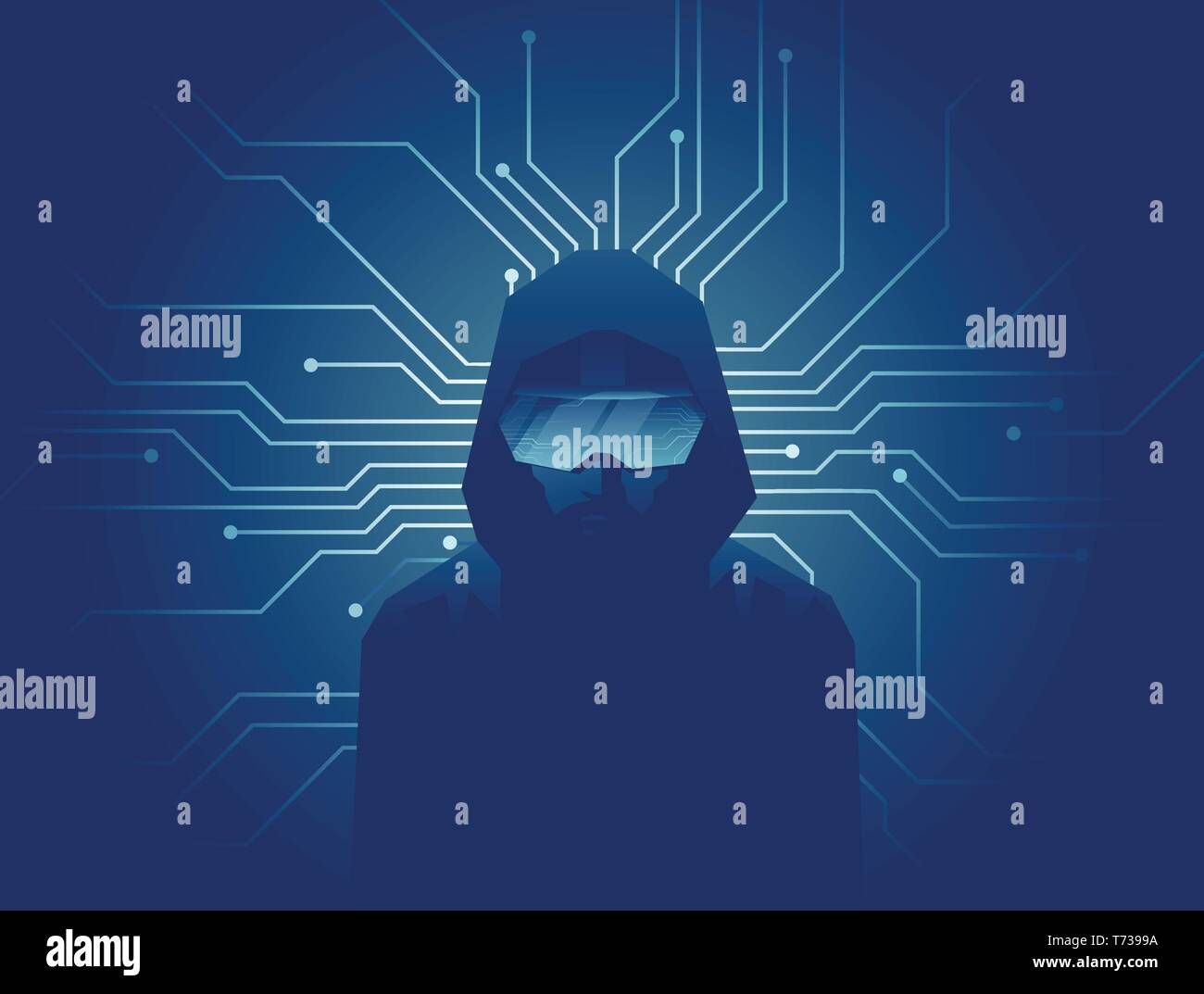Virtual reality modern technology concept. Vector of a man in VR headset glasses on dark background with lines of internet network connections. Stock Vector